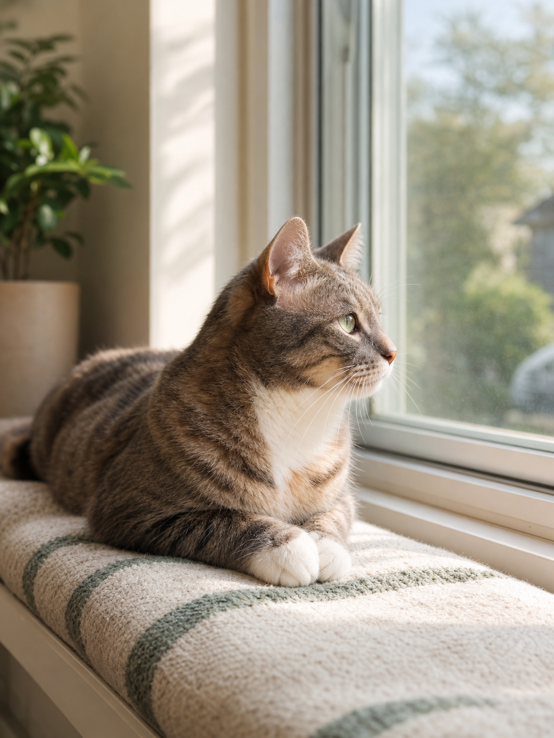 Cat sitting near a sunlit window